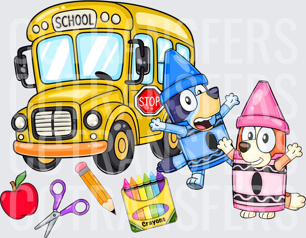 Cartoon Dogs in Crayon Costumes Back to School Bus (DTF)