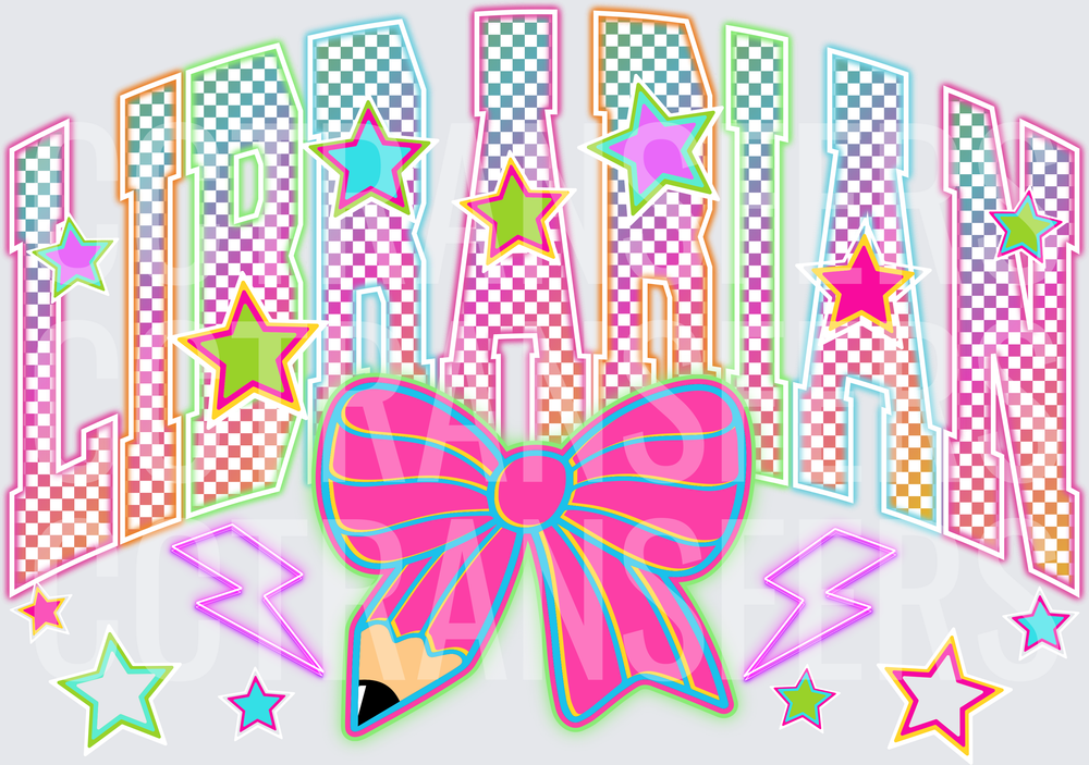 Librarian Checkered Varsity Neon Bow Pencil Stars (DTF)