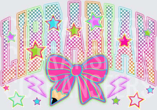 Librarian Checkered Varsity Neon Bow Pencil Stars (DTF)