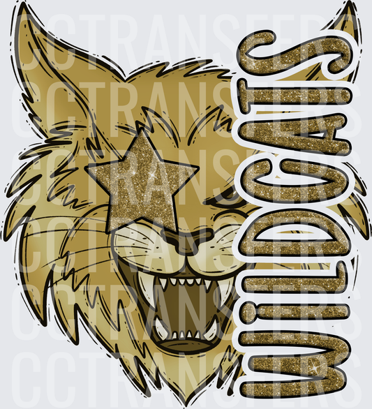 Gold Glitter Wildcats Roaring Mascot with Star Eye (DTF)