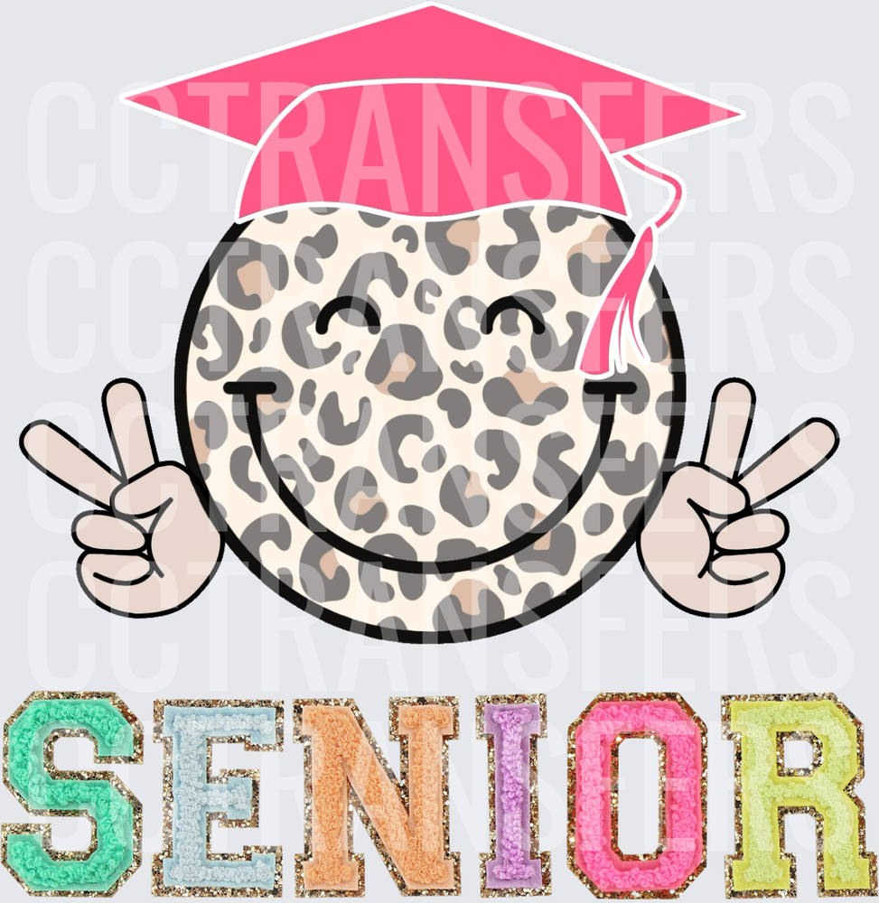 Leopard Smiley Face Graduation Cap Senior Peace Sign (DTF)