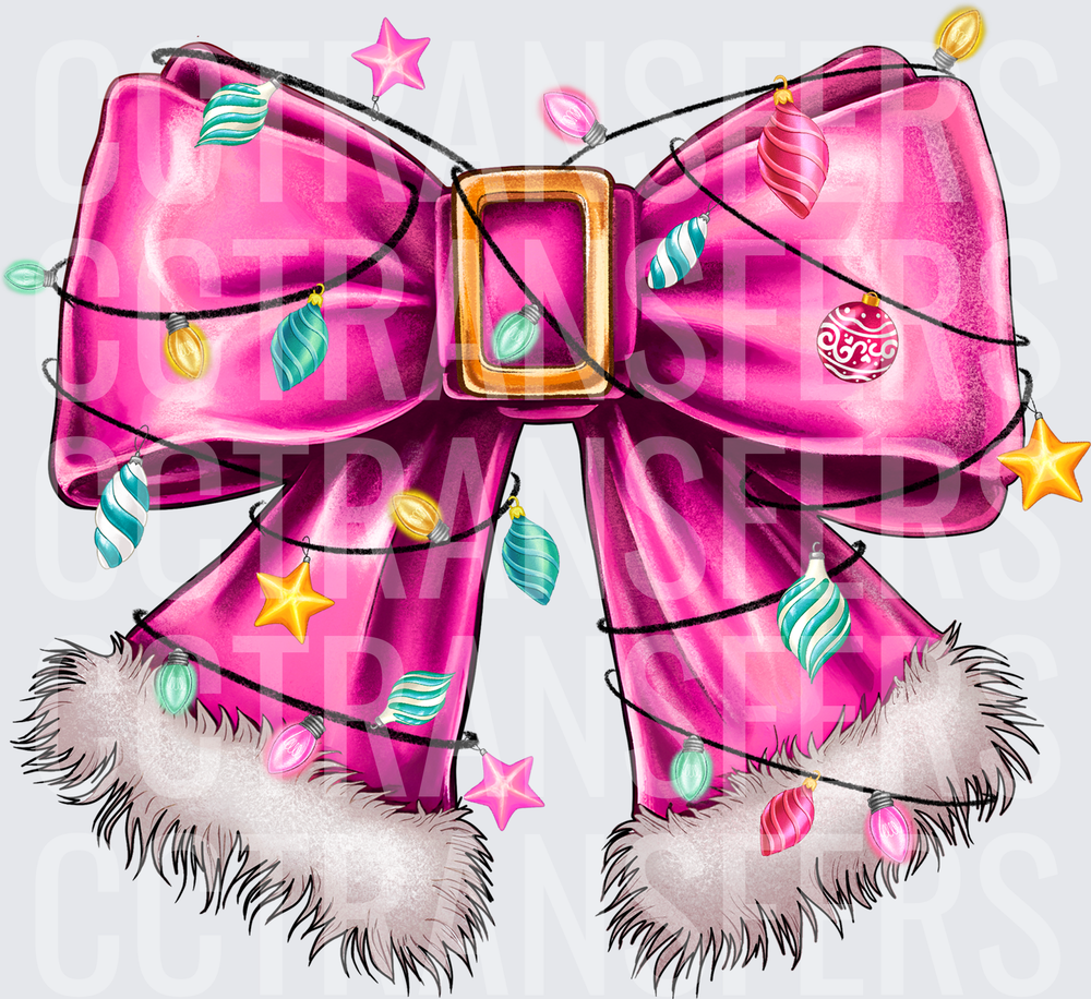 Glam Pink Satin Bow with Christmas Lights and Fur Trim (DTF)