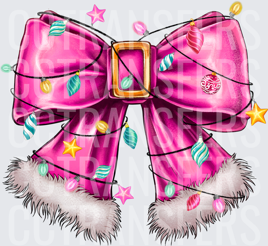 Glam Pink Satin Bow with Christmas Lights and Fur Trim (DTF)