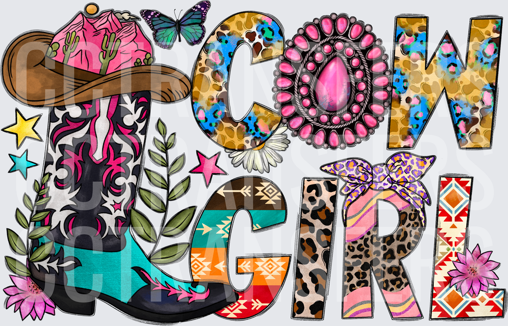 Cowgirl Western Boot Hat Leopard Aztec Boho Letters (DTF)