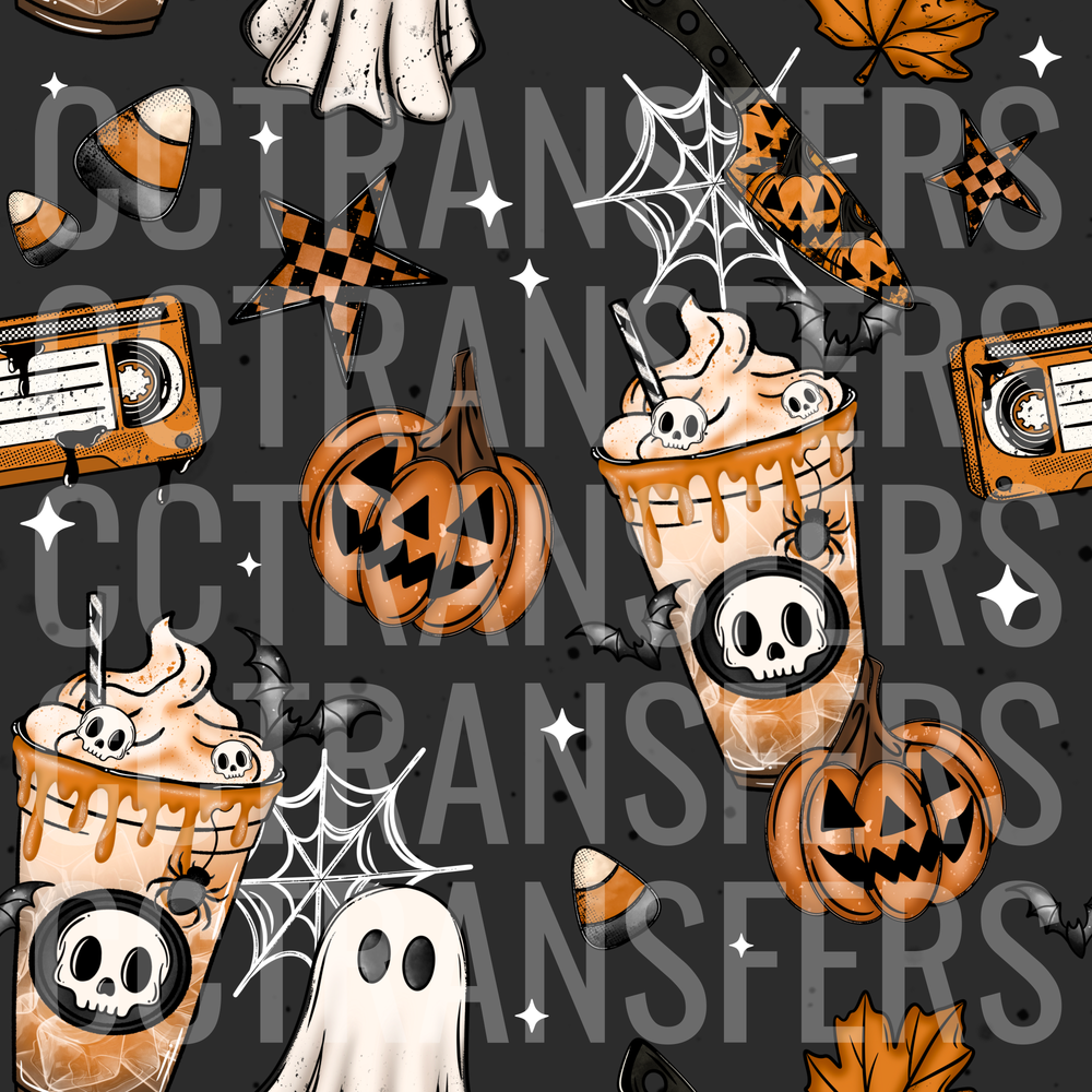 Halloween Spooky Frappuccino Skulls Pumpkins Ghost Pattern (DTF)