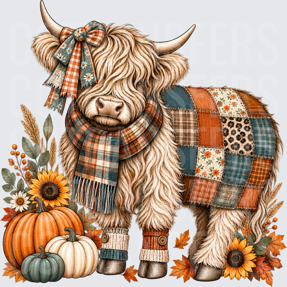 Autumn Highland Cow Patchwork Quilt Plaid Scarf Pumpkins (DTF)