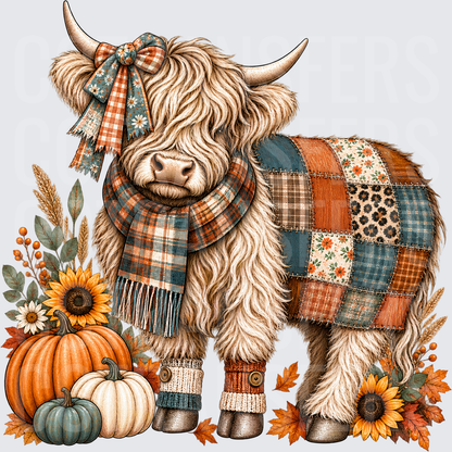 Autumn Highland Cow Patchwork Quilt Plaid Scarf Pumpkins (DTF)