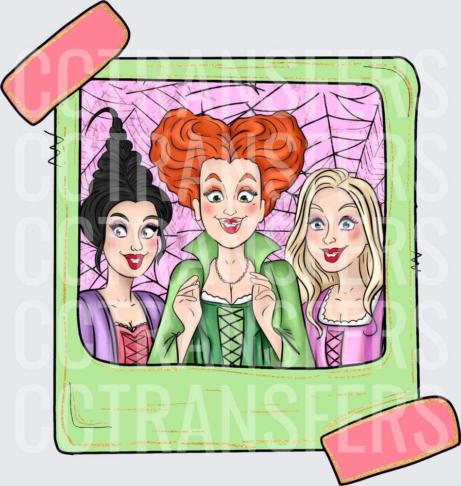 Three Halloween Witches Polaroid Spider Web Frame (DTF)