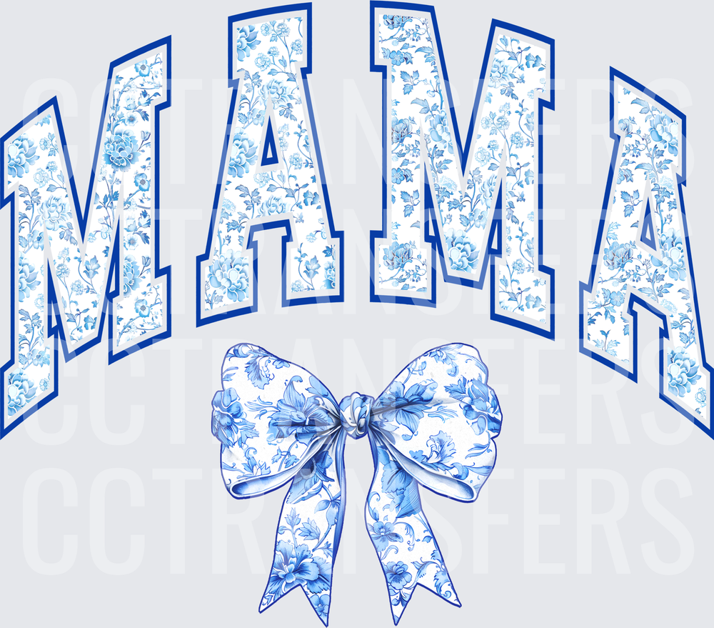 Mama Arched Blue Floral Varsity Letters with Bow (DTF)