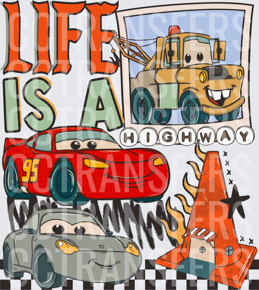 Life Is A Highway Animated Race Cars Tow Truck (DTF)