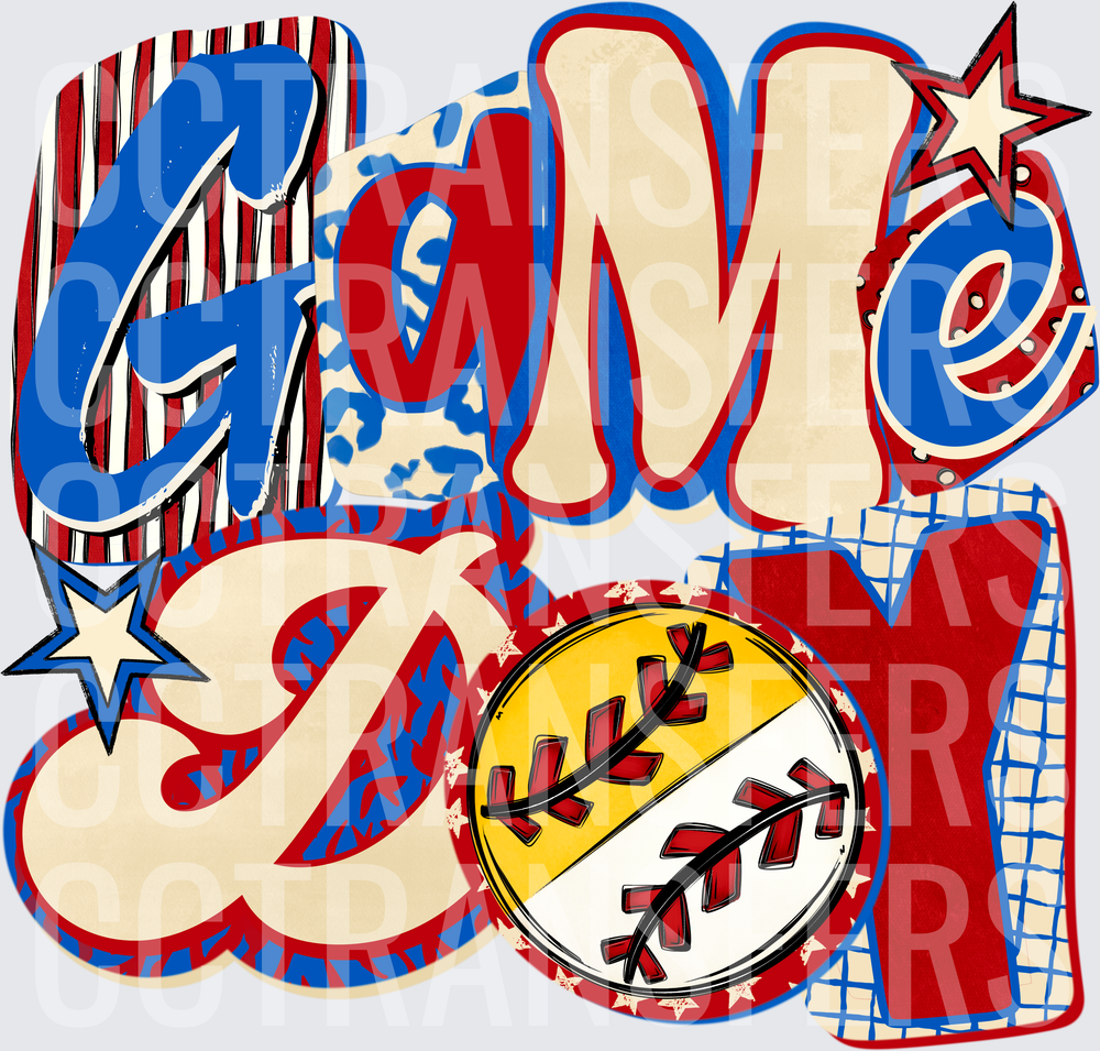 Game Day Baseball Retro Bold Lettering Red Blue Stars DTF