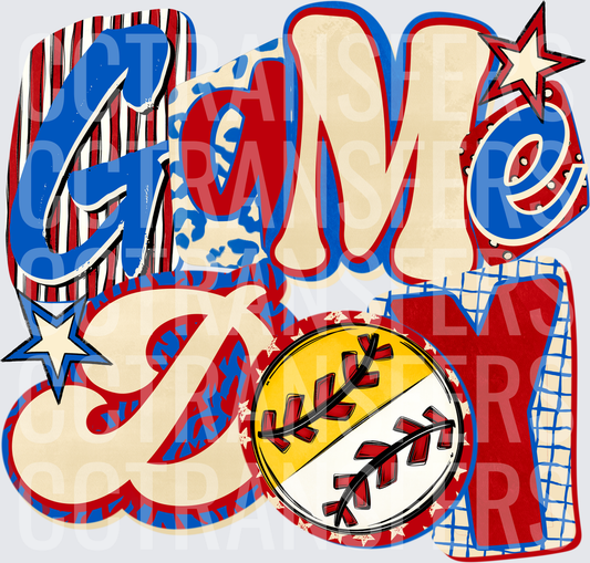 Game Day Baseball Retro Bold Lettering Red Blue Stars DTF