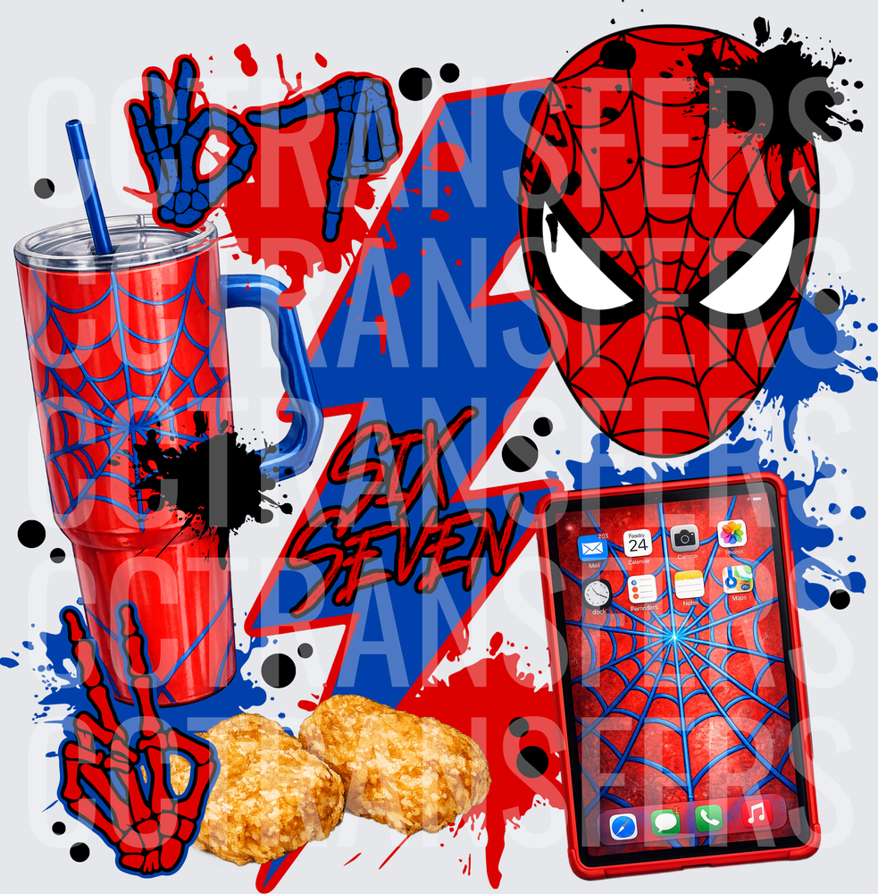 Red Web Hero Six Seven Lightning Bolt Skeleton Hands (DTF)
