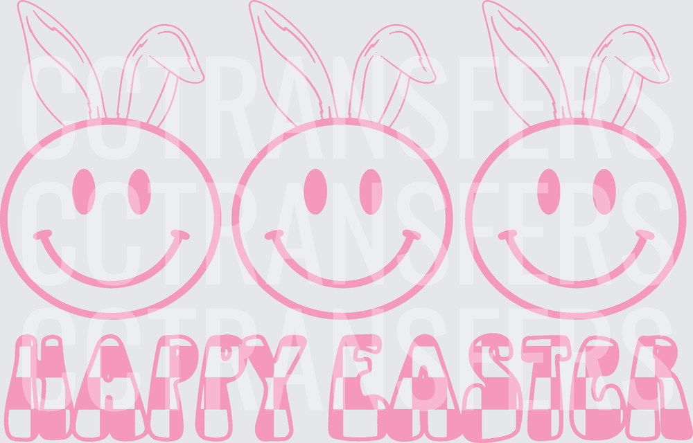 Happy Easter Smiley Face Bunny Ears Trio Pink Checker (DTF)