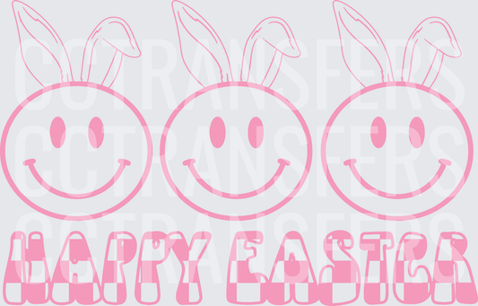 Happy Easter Smiley Face Bunny Ears Trio Pink Checker (DTF)