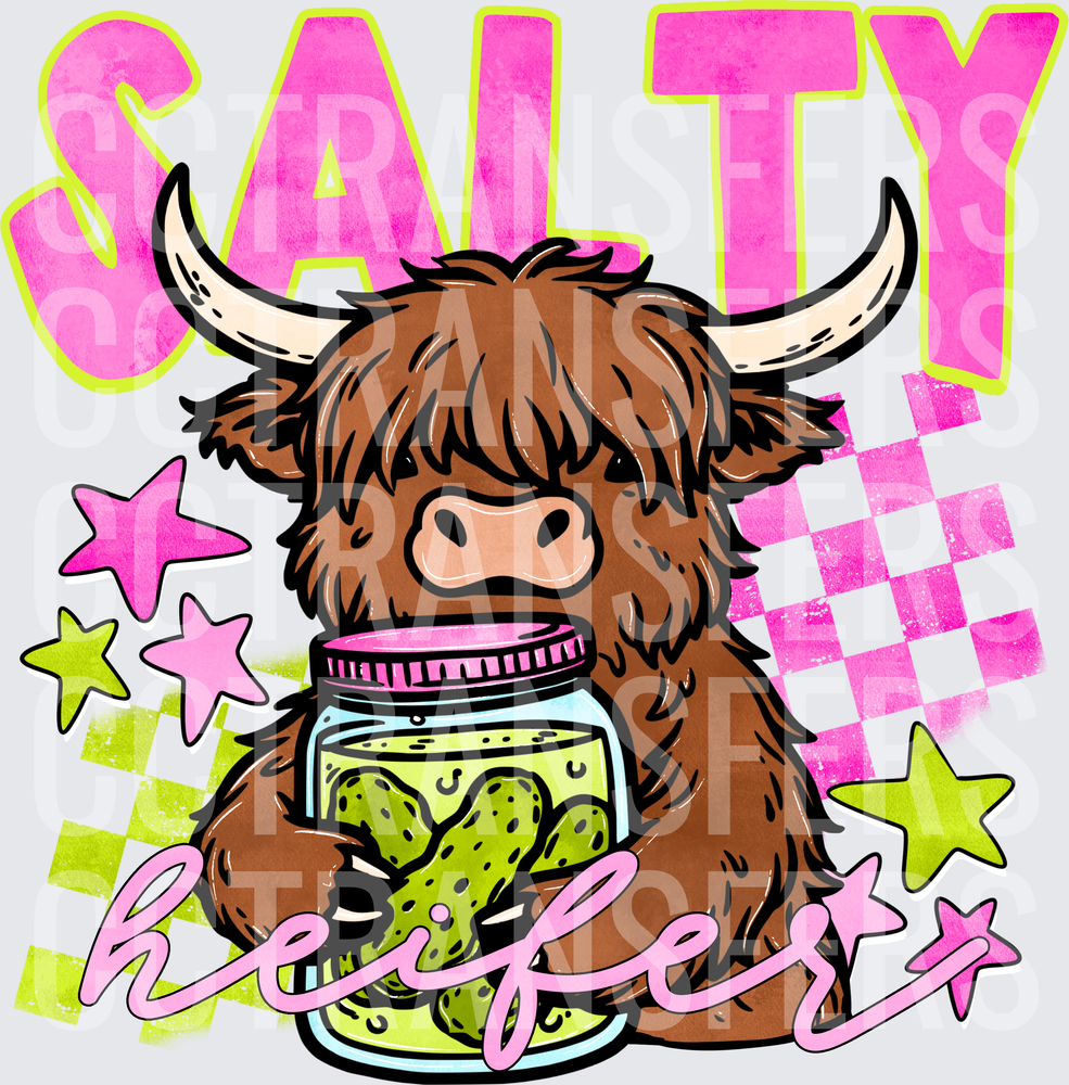 Salty Heifer Highland Cow Holding Pickle Jar (DTF)