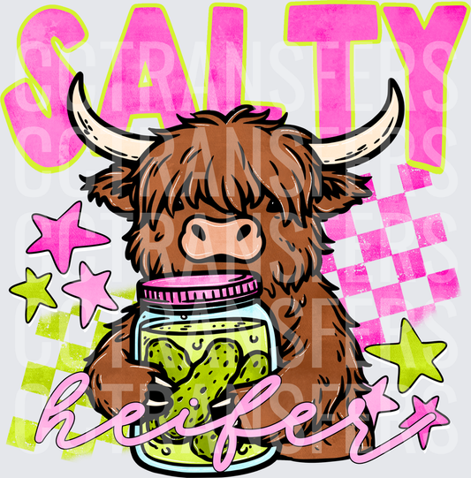 Salty Heifer Highland Cow Holding Pickle Jar (DTF)
