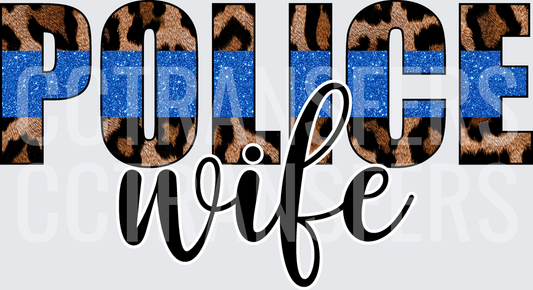Police Wife Leopard Print Blue Glitter Letters (DTF)