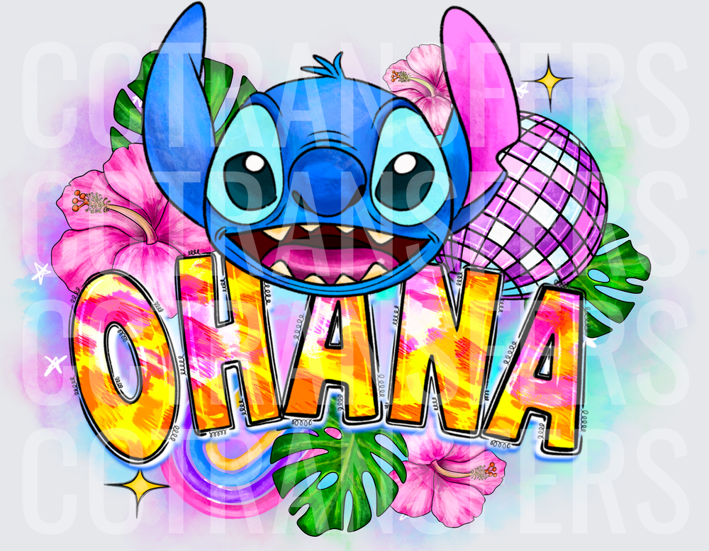 Ohana Blue Alien Tropical Floral Disco Ball Design (DTF)