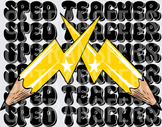 Sped Teacher Retro Bubble Text Crossed Pencil Lightning Bolt (DTF)