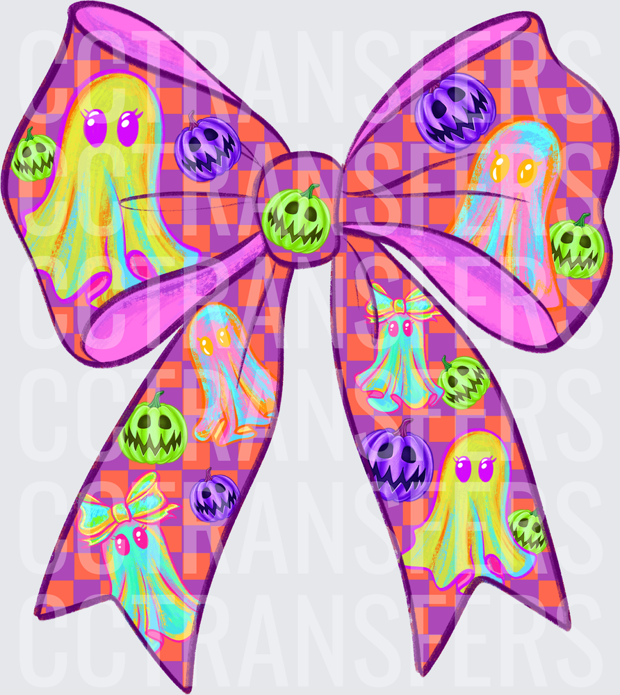 Neon Halloween Bow with Ghosts and Jack-o-Lanterns (DTF)