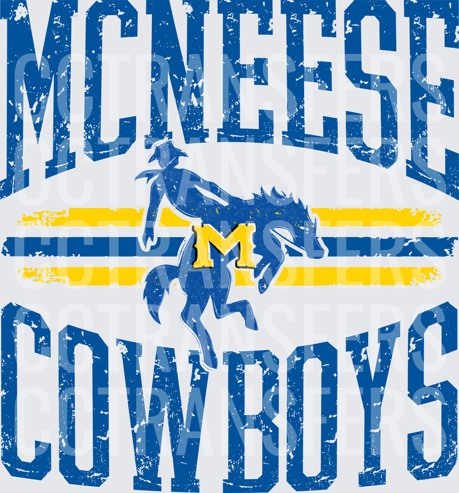 Distressed Cowboy Riding Horse Mascot Blue Gold Stripes (DTF)