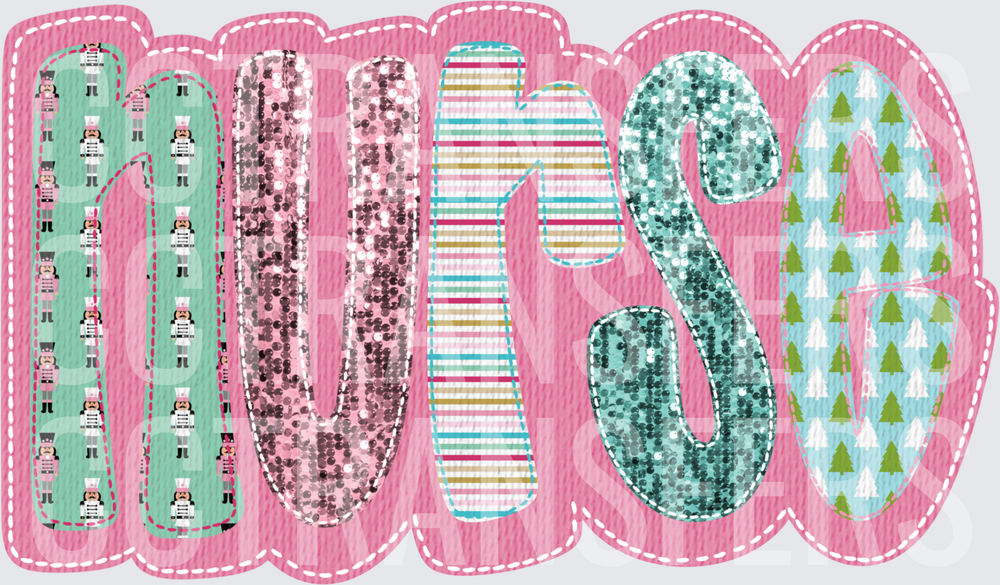 Christmas Nurse Faux Sequin Patchwork Letter Design (DTF)