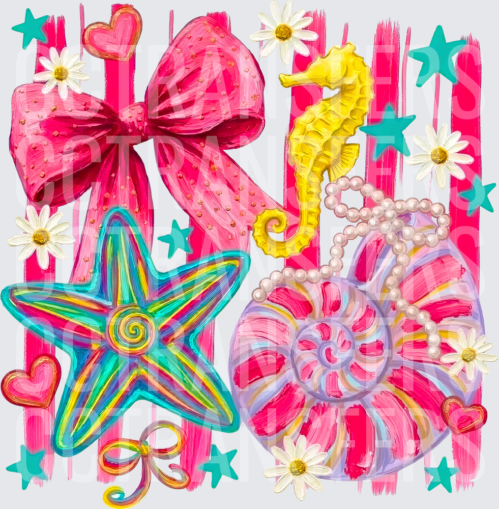 Coastal Glam Starfish Seahorse Shell Bow Pearl Collage (DTF)
