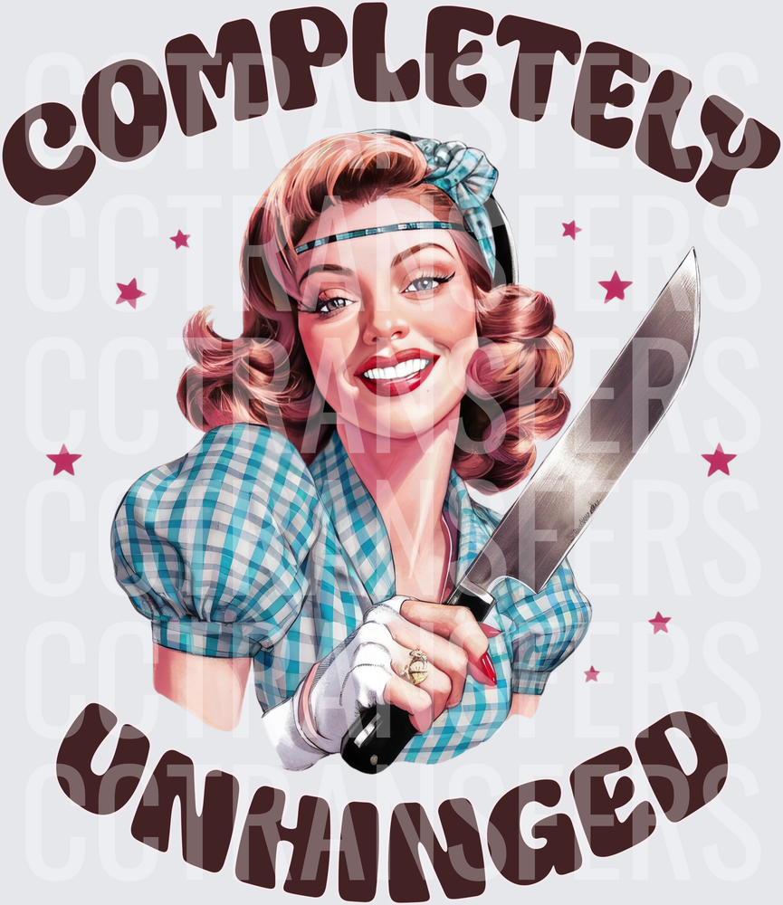 Completely Unhinged Retro Pinup Woman with Chef Knife (DTF)