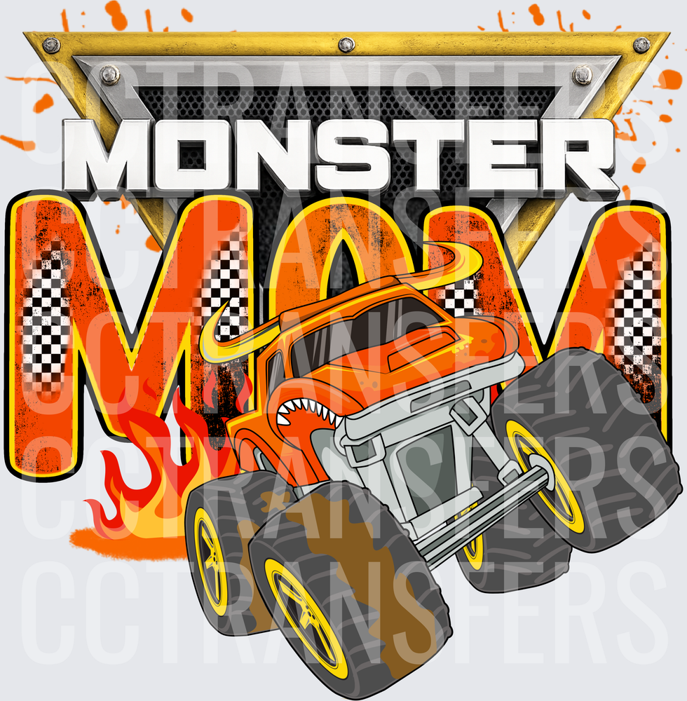 Monster Mom Orange Flame Monster Truck Checkered (DTF)