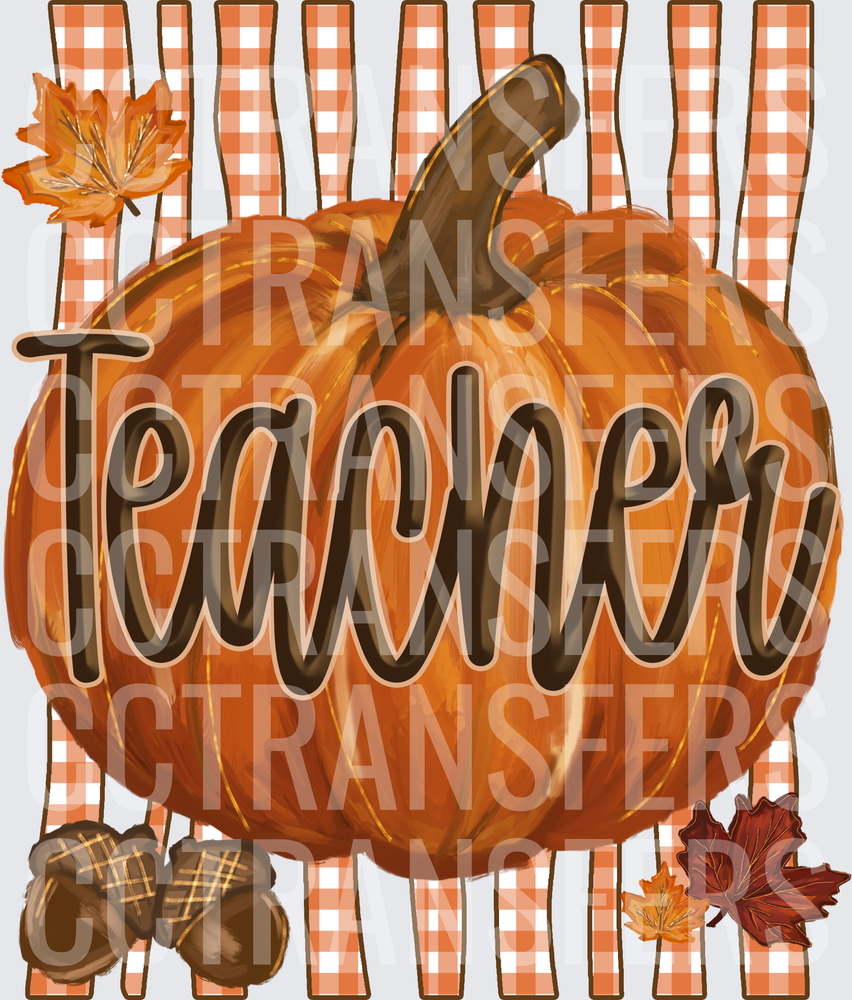 Fall Teacher Pumpkin with Autumn Leaves and Acorns (DTF)