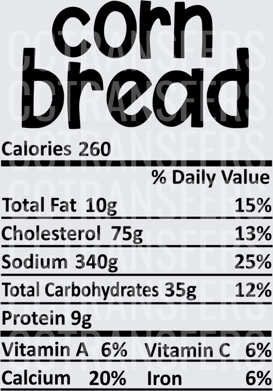 Corn Bread Nutrition Facts Label Bold Text (DTF)