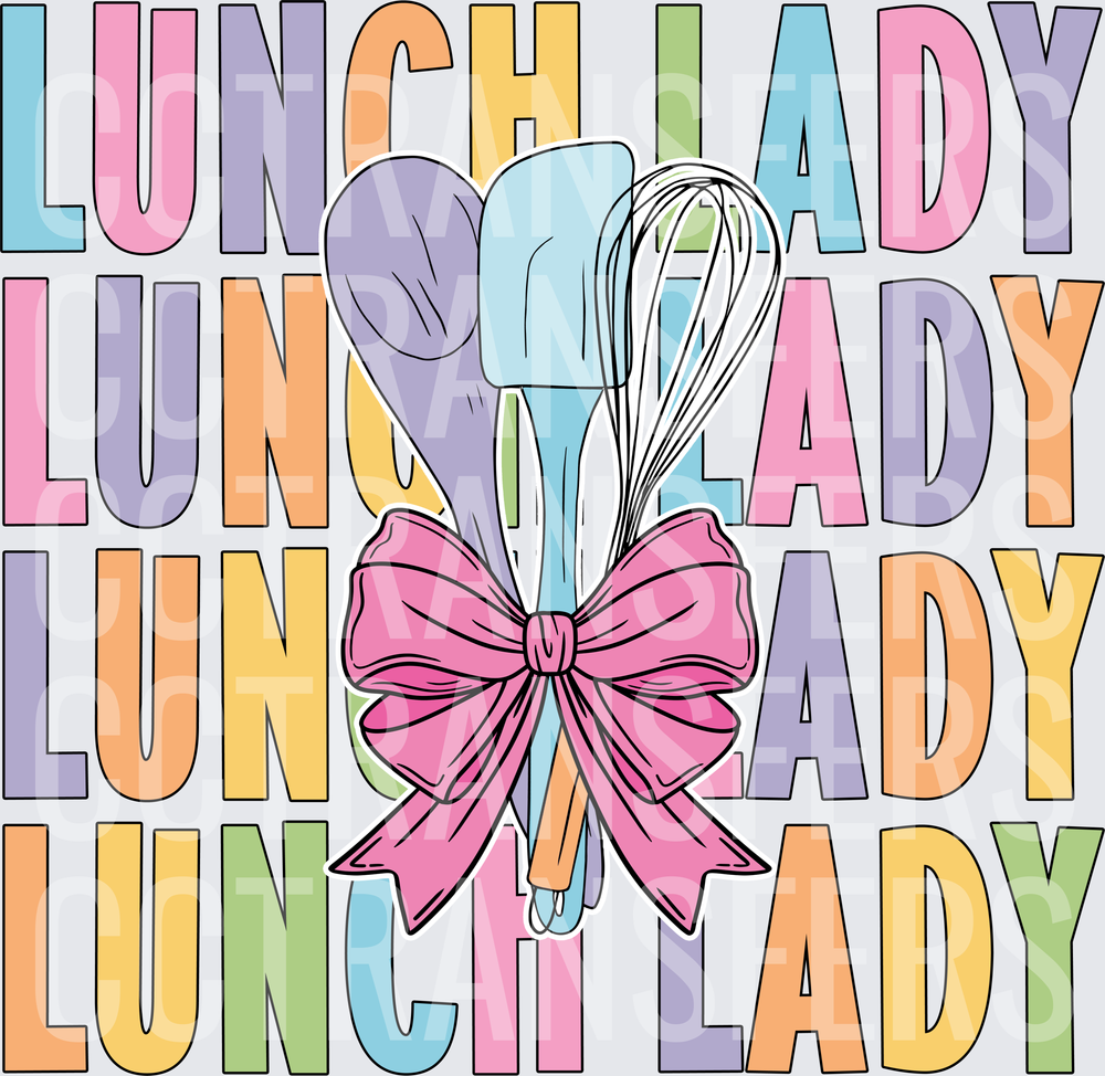 Lunch Lady Repeat Text Kitchen Utensils Pink Bow (DTF)