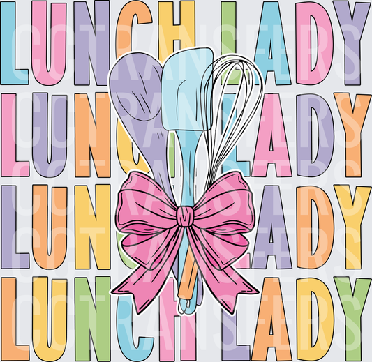 Lunch Lady Repeat Text Kitchen Utensils Pink Bow (DTF)