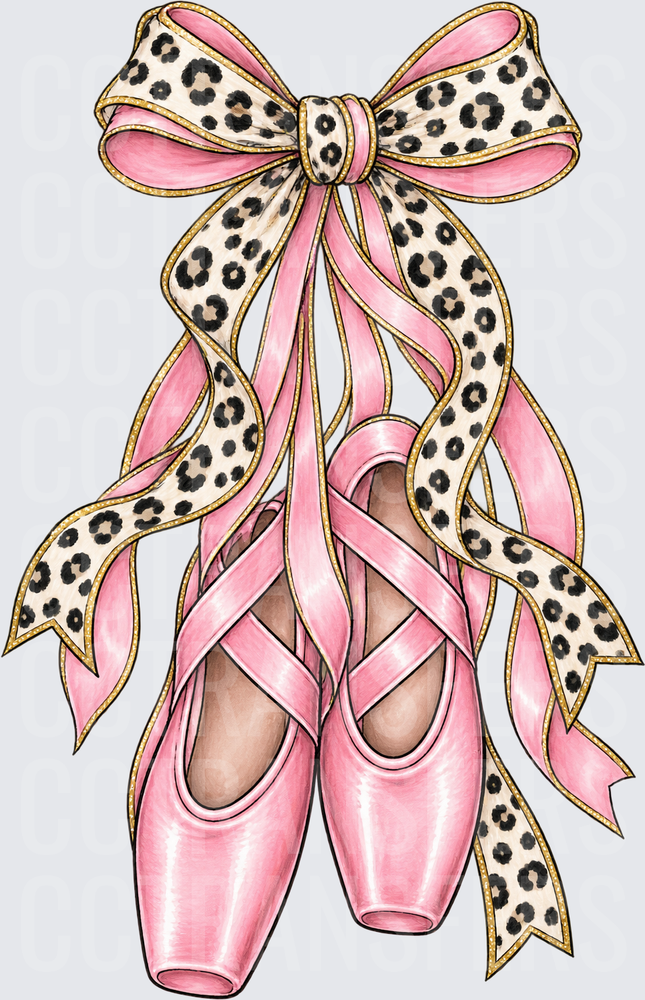 Pink Ballet Pointe Shoes Leopard Print Gold Bow (DTF)