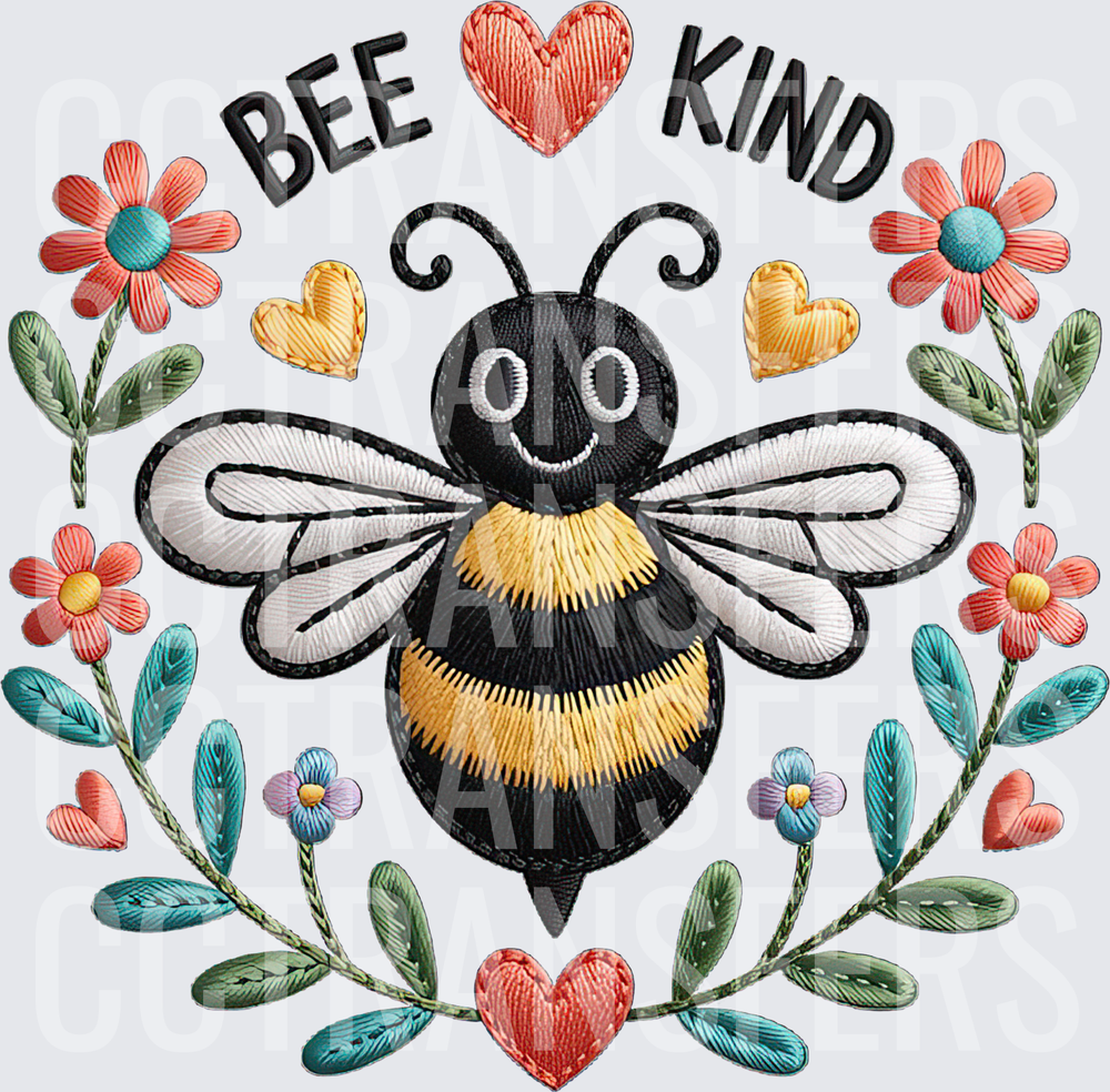 Bee Kind Embroidery Style Bumble Bee Floral Hearts (DTF)