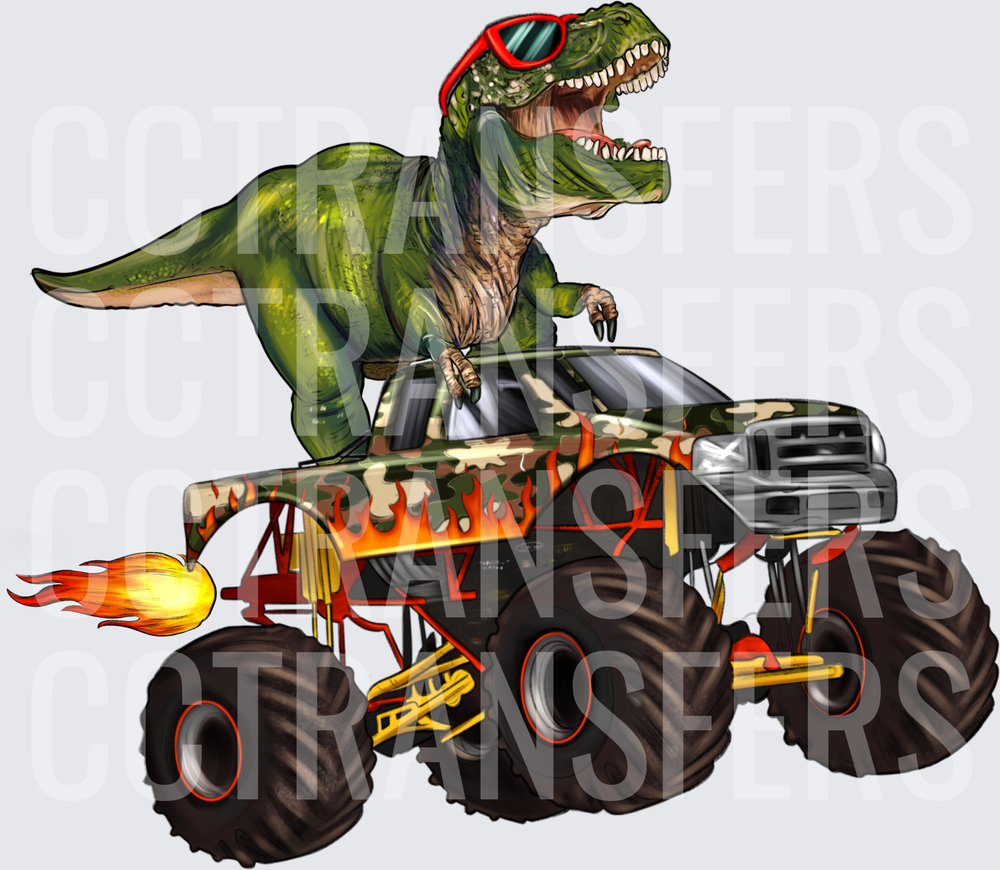 Cool Green Dino Riding Camo Flame Monster Truck (DTF)