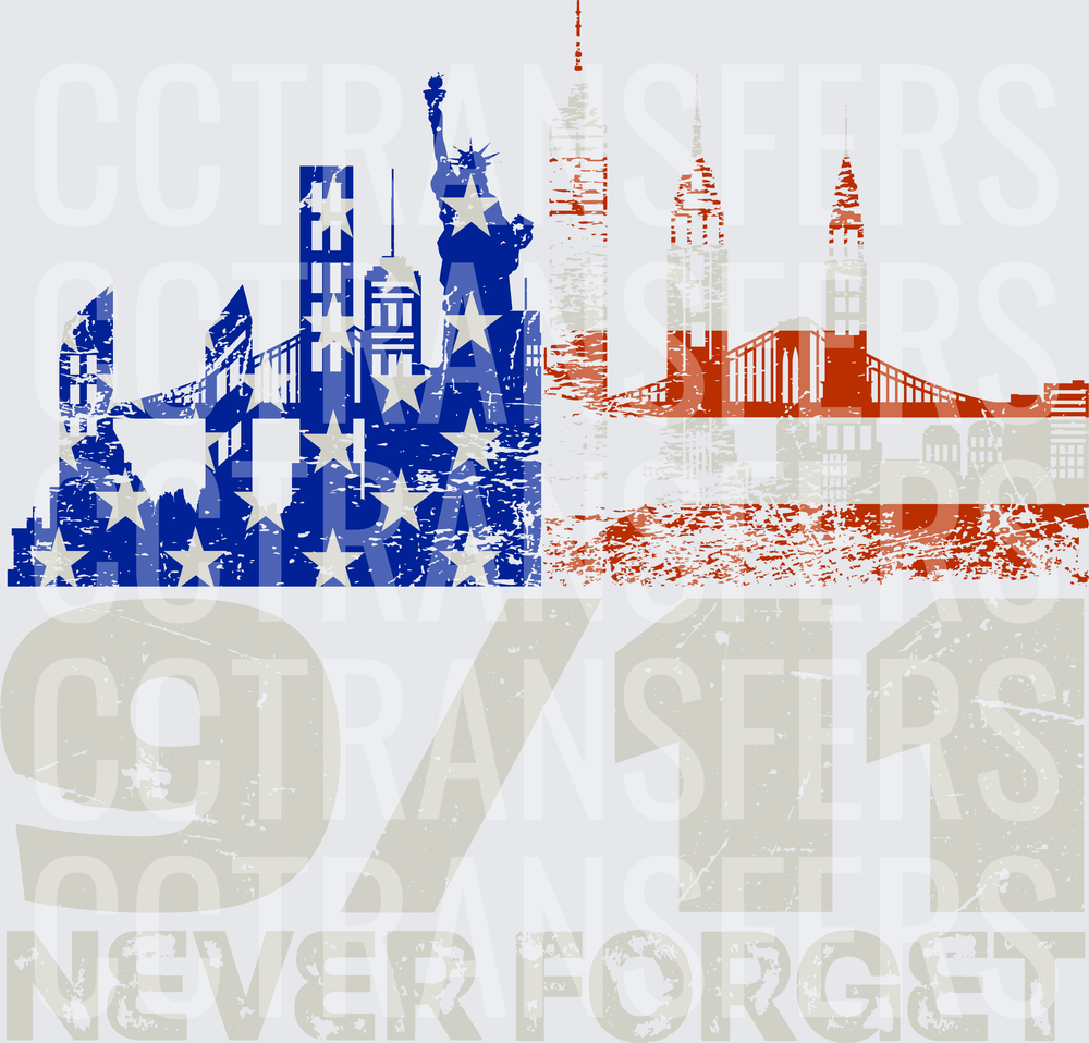9/11 Never Forget NYC Skyline Patriotic Flag Memorial (DTF)