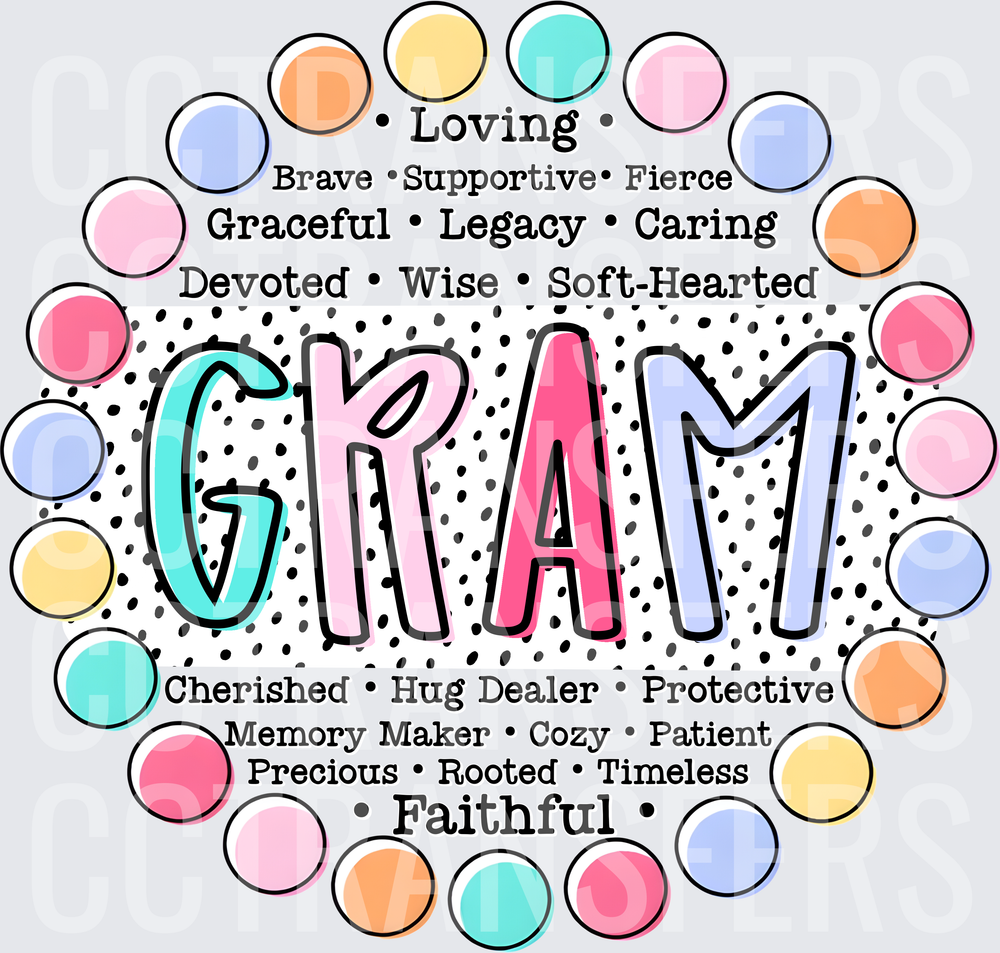 Gram Word Art Colorful Polka Dot Circle Design (DTF)