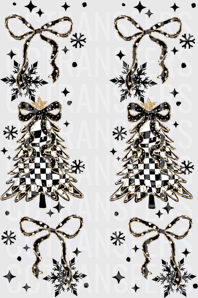 Black Gold Checkered Christmas Tree Bow Snowflake (DTF)