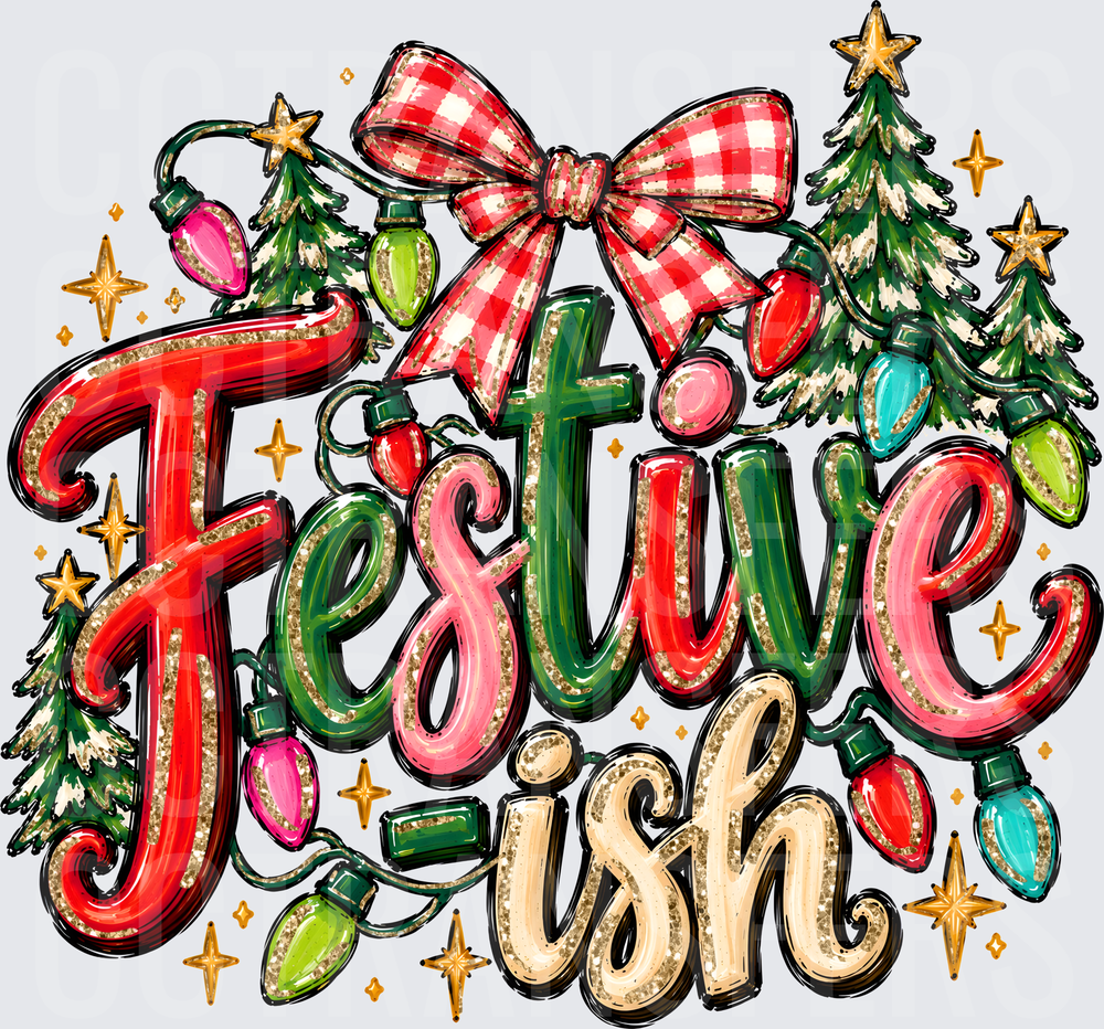Festive-ish Christmas Trees Lights Bow Glitter Design (DTF)