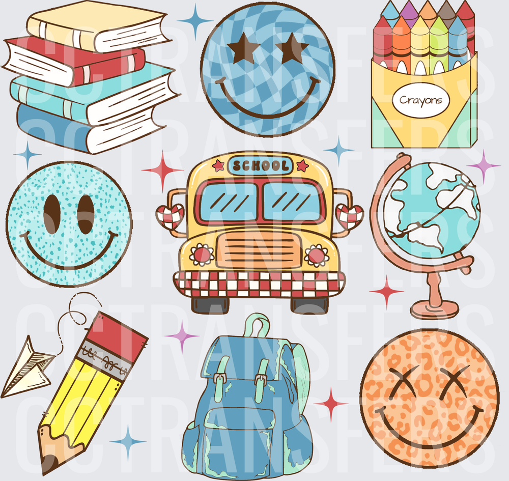 Retro Back to School Bundle Smiley Faces Bus Books (DTF)