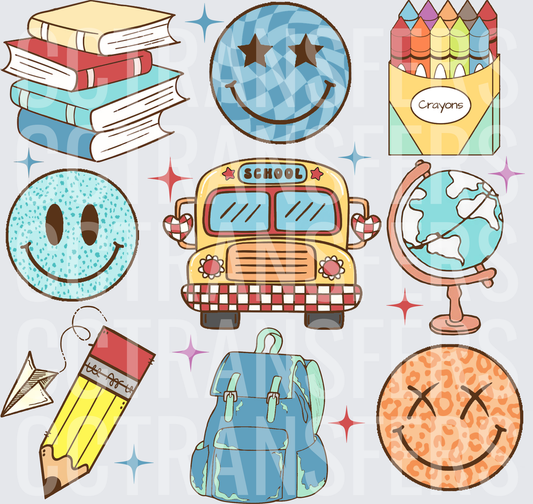 Retro Back to School Bundle Smiley Faces Bus Books (DTF)
