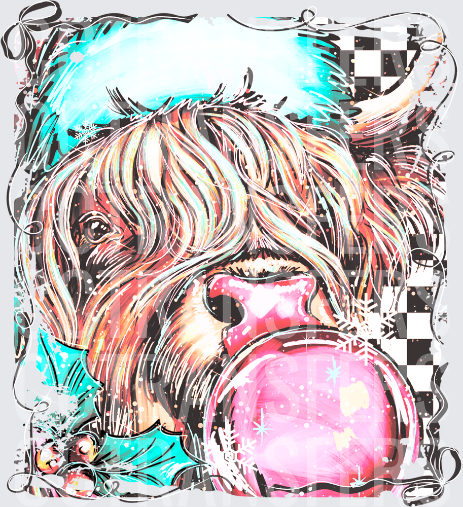 Christmas Highland Cow Blowing Pink Bubble Gum Santa Hat (DTF)