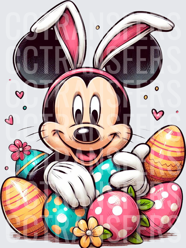 Cartoon Mouse Easter Bunny Ears Colorful Eggs Flowers (DTF)