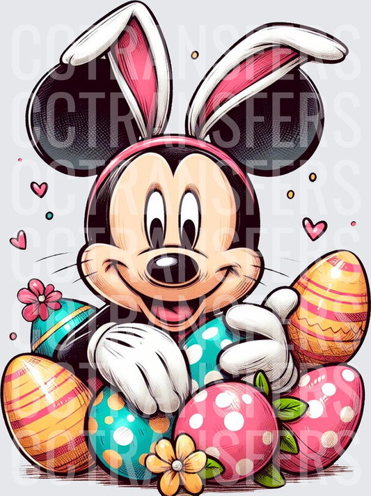 Cartoon Mouse Easter Bunny Ears Colorful Eggs Flowers (DTF)