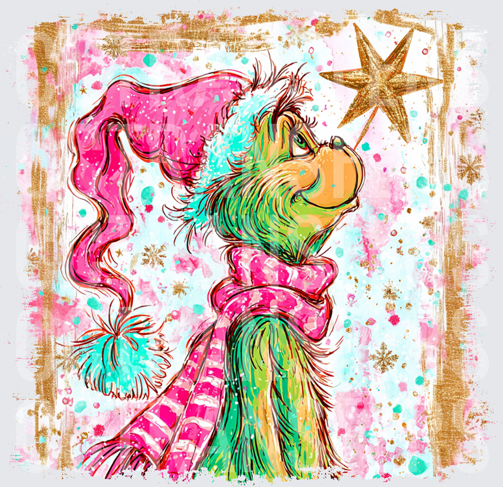 Watercolor G-Man Pink Hat Scarf Gold Star Christmas (DTF)