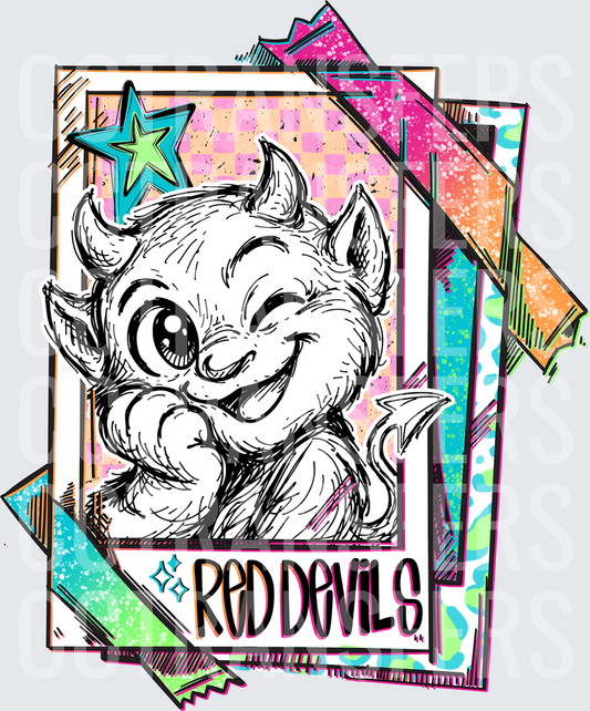 Cute Winking Horned Devil Mascot Red Devils Retro Card (DTF)