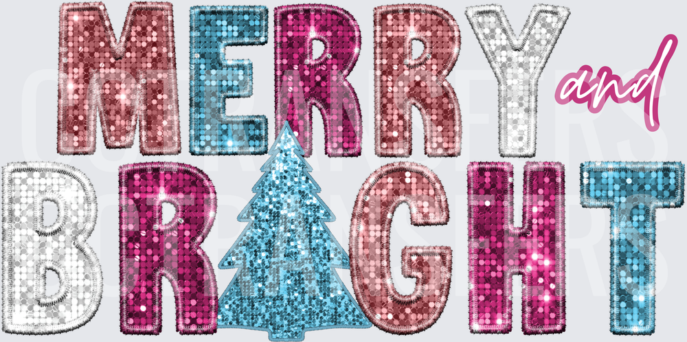 Merry and Bright Sequin Faux Embroidery Christmas Tree (DTF)
