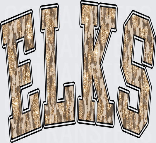 Elks Arched Varsity Letters Gold Glitter Cowhide (DTF)